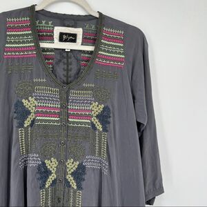 Biya Embroidered Geometric Sharkbite Pleated Hem Long Sleeves Scoopneck Dress